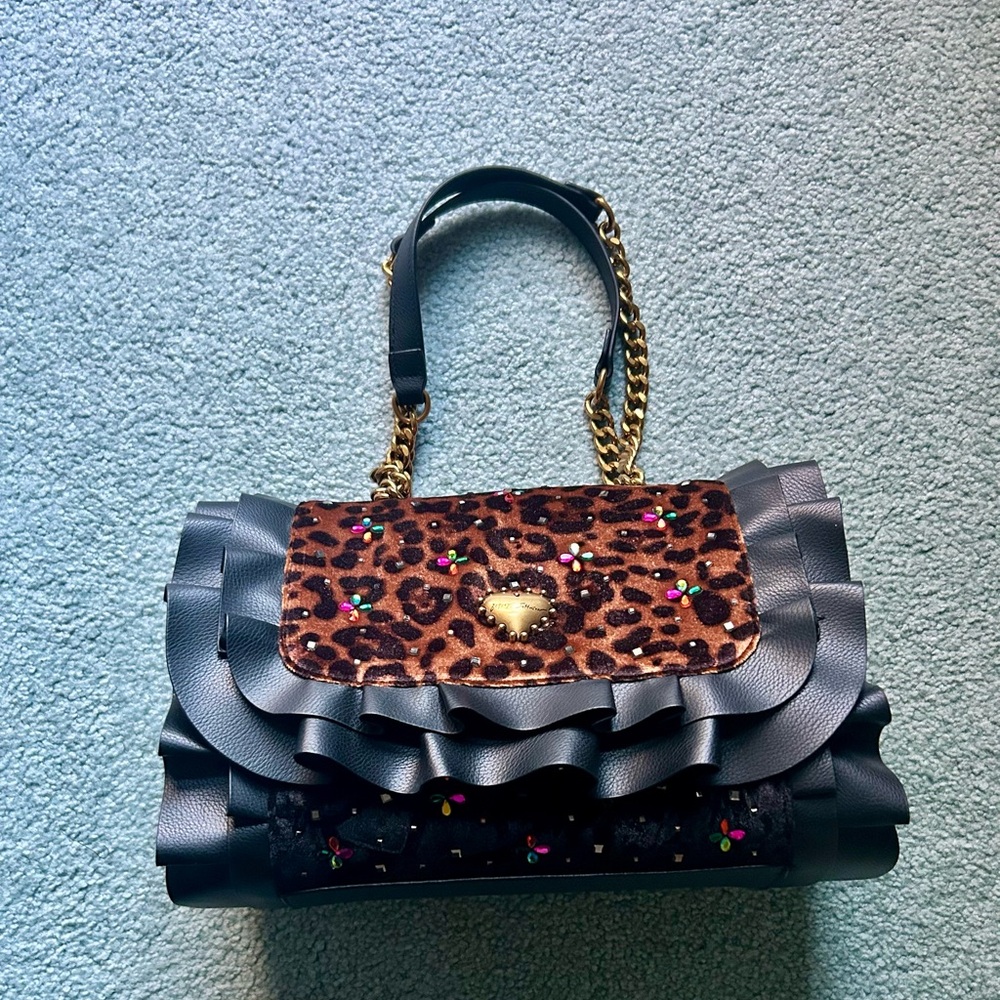 Betsey Johnson Black Shoulder Bag with Leopard Print and Ruffled Details